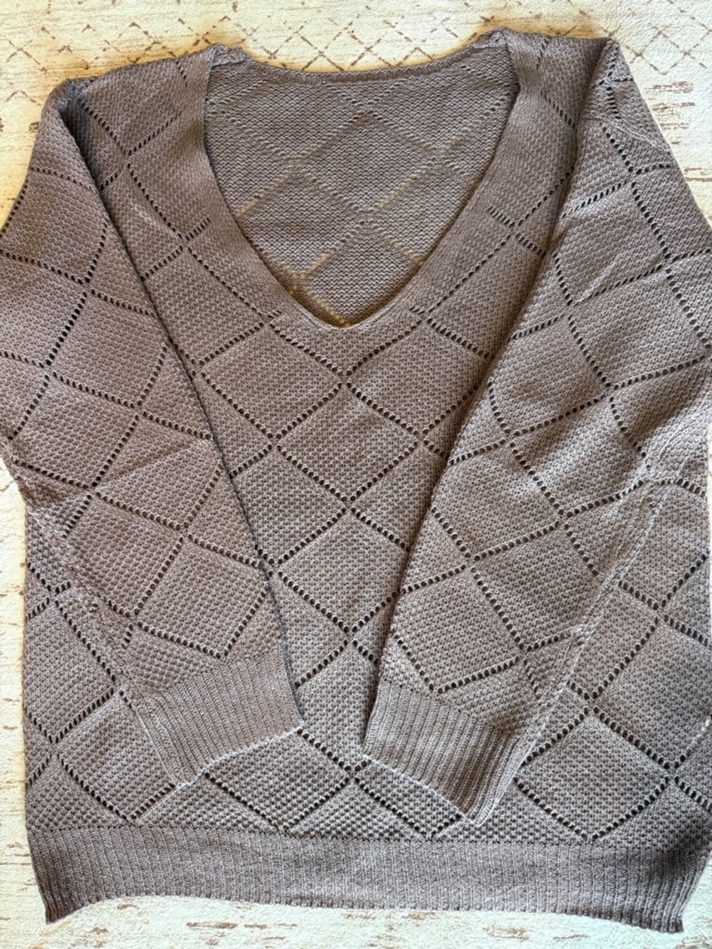 SHEIN Gray V-Neck Openwork Diamond Knit Sweater